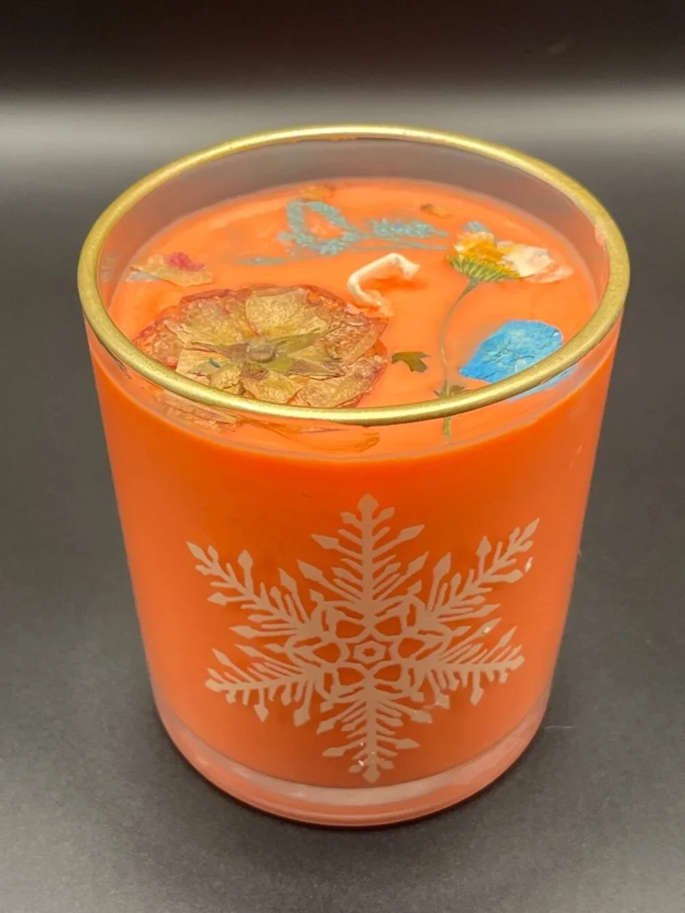 Orange Floral Soy Candle in Gold-Rimmed Snowflake Glass Tumbler